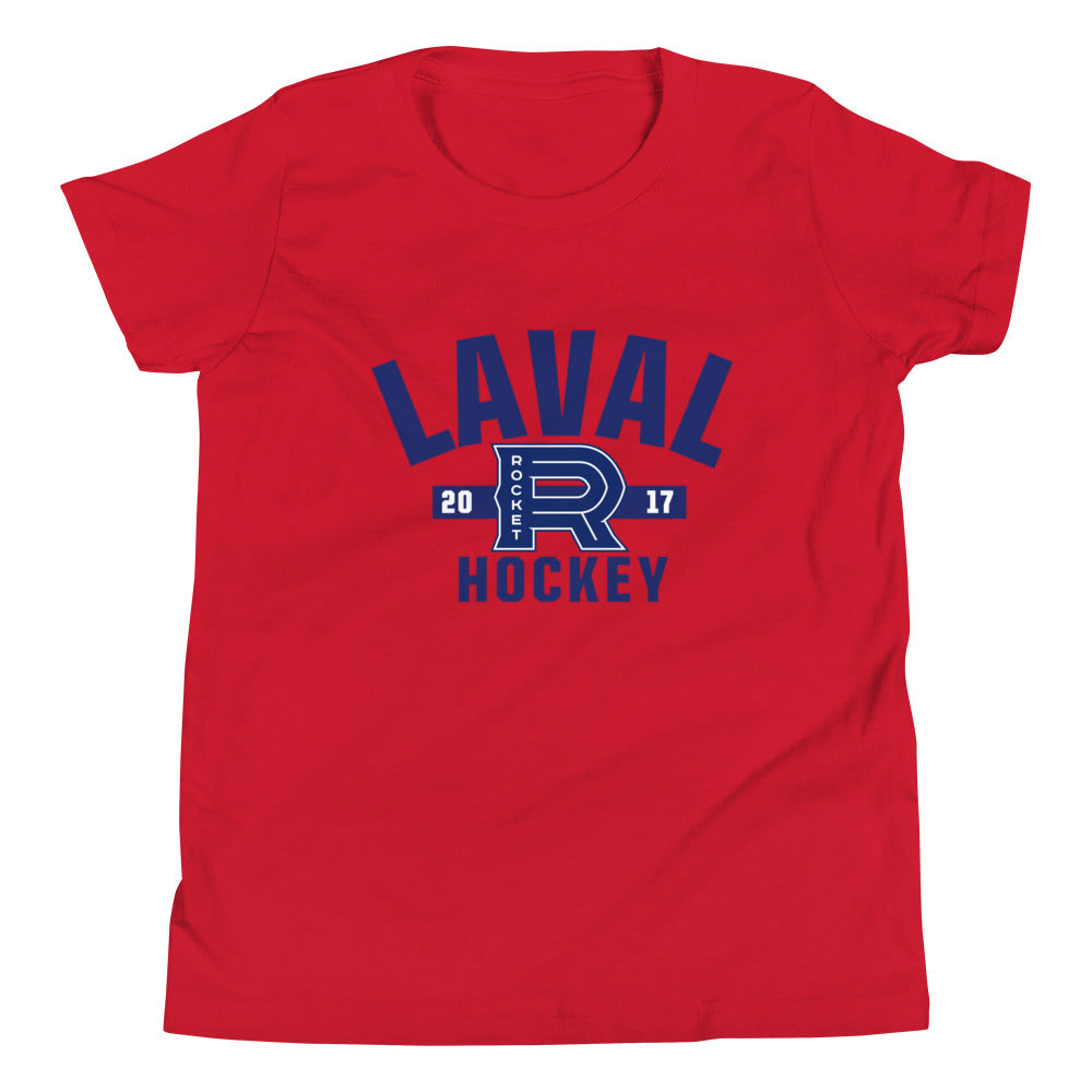 Laval Rocket Established Logo Youth Short Sleeve T-Shirt (Sidewalk Sale, Red, Youth Medium)